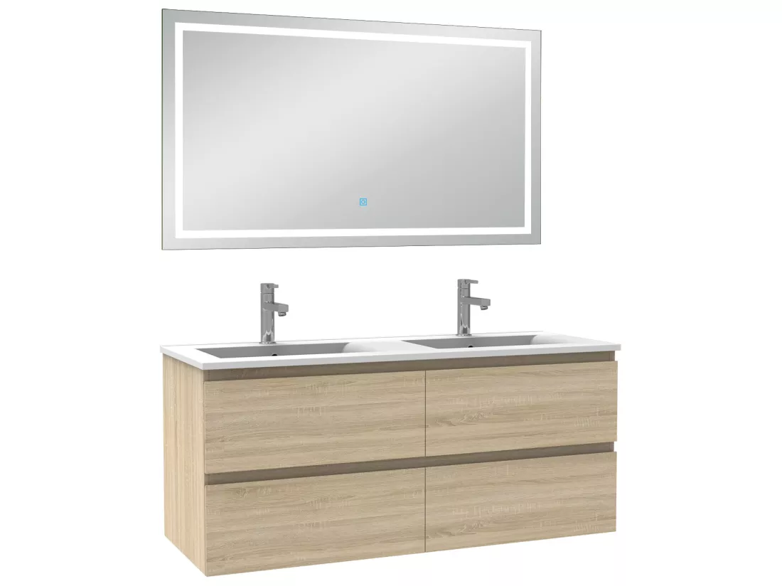 Ensemble meubles salle de bain 120cm double vasque + miroir Chêne Wotan, Aica