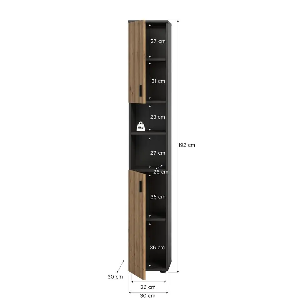 Hioshop Mone kolomkast 2 deuren- 2 planken eiken decor- donkergrijs