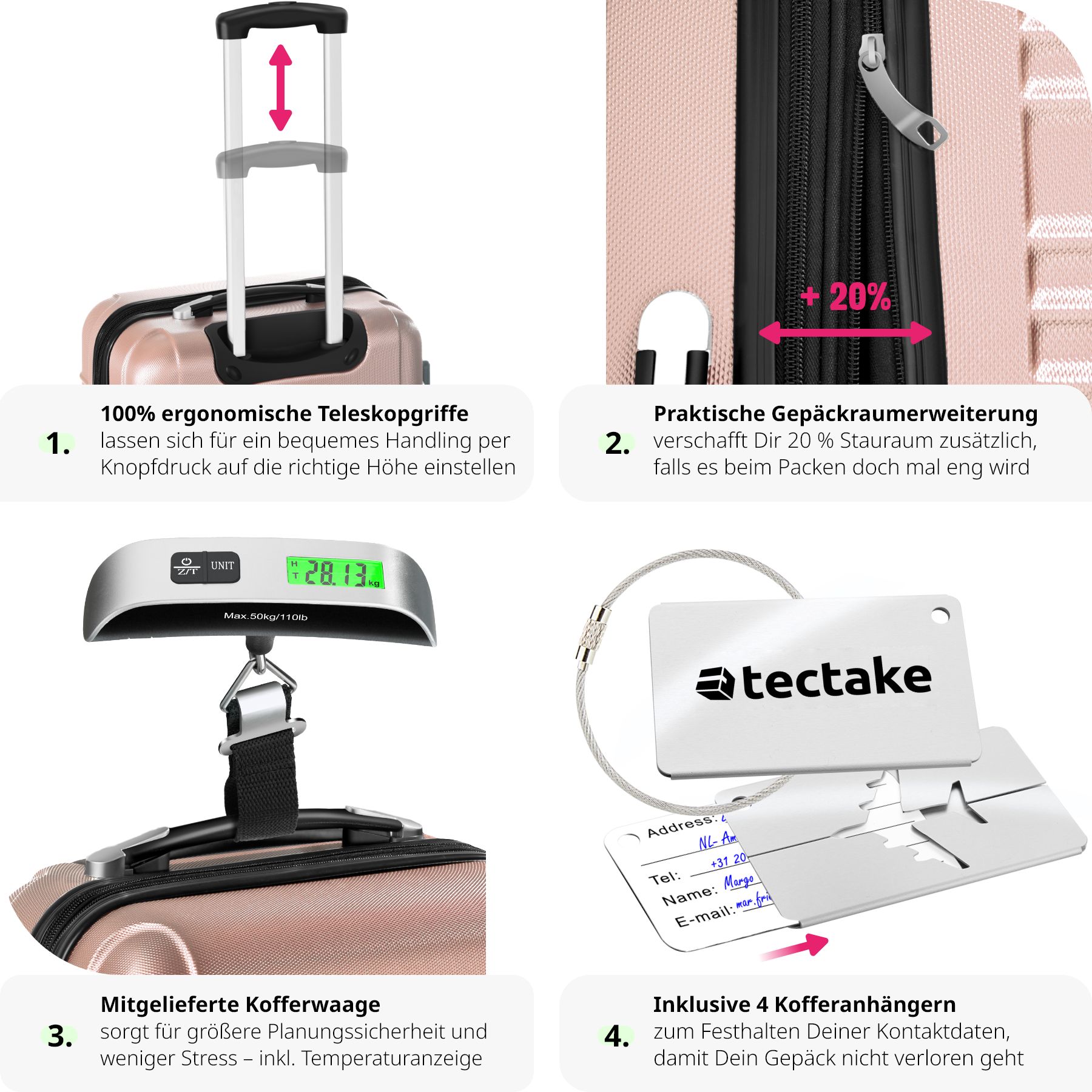 tectake® Hartschalenkoffer-Set, 4-teilig aus robustem ABS-Kunststoff inkl. Kofferwaage und -anhänger, 360° drehbare, abnehmbare Rollen, mit Sicherheits-Zahlenschloss
