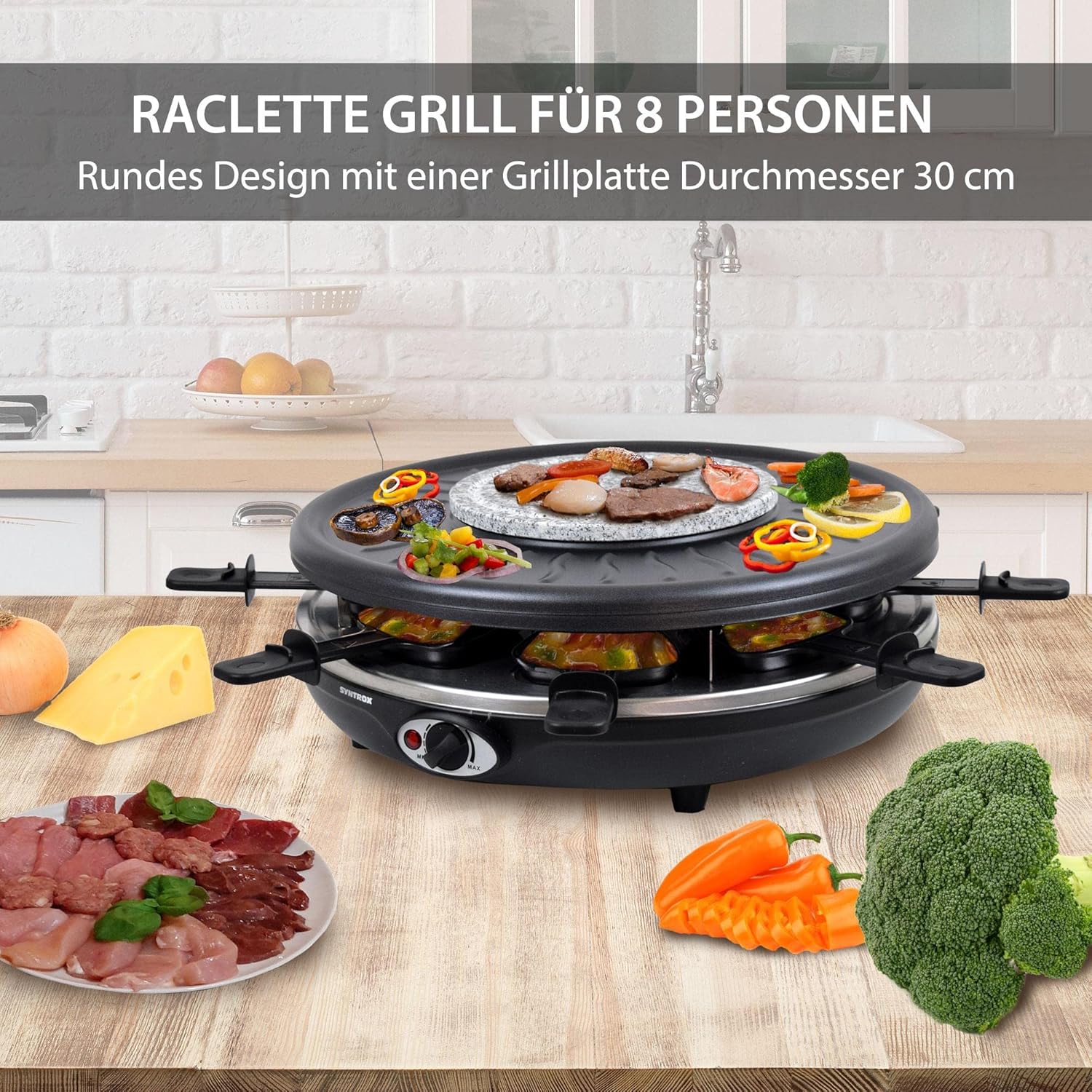 Syntrox Germany RAC-1350W-Waadt 4 in 1 Raclette Grill Fondue Heißer Stein für 8 Personen, Edelstahl Design