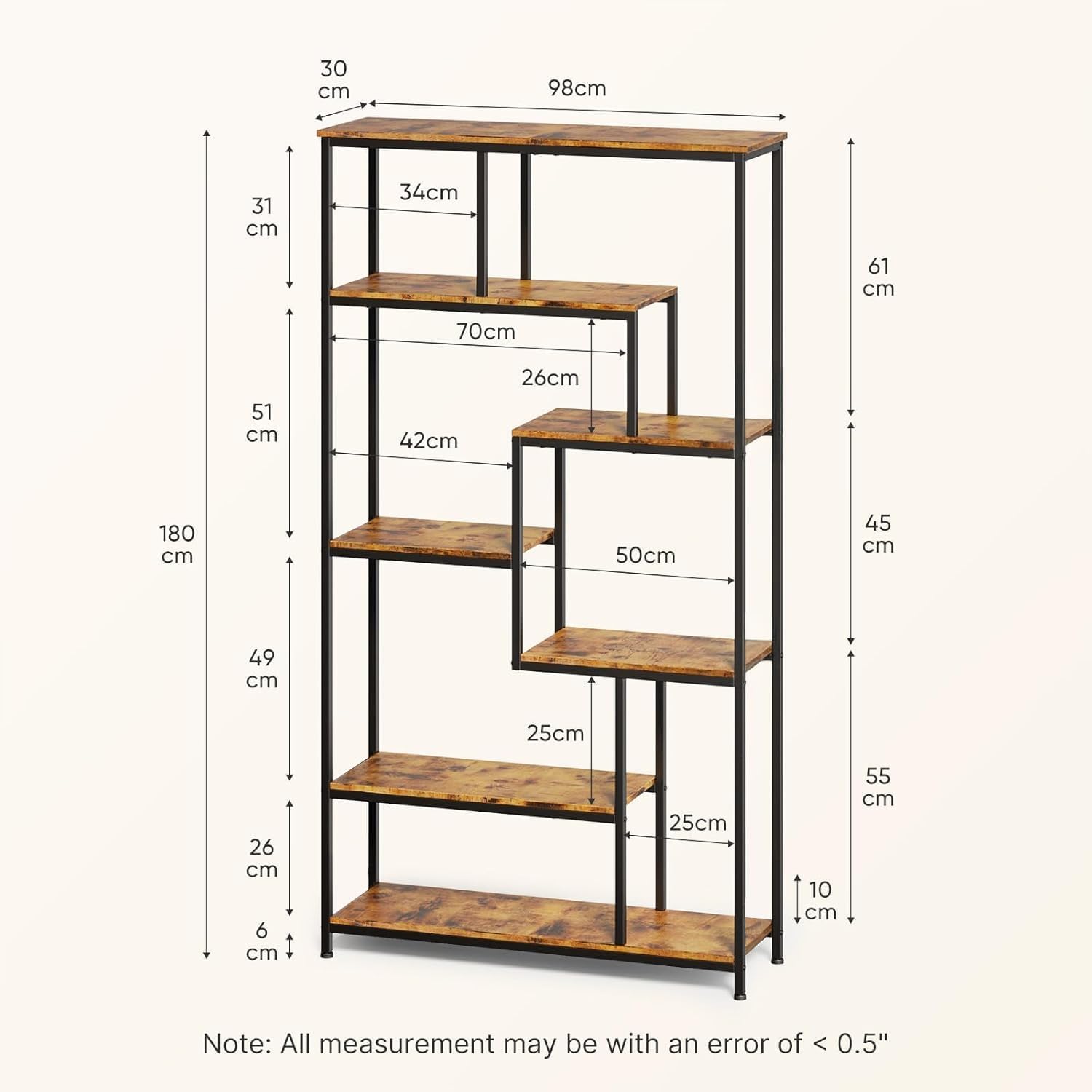 Bealife Bücherregal, 5-stöckiges Versetztes Bücherregal. Offenes Freistehendes Regal für Wohnzimmer, Industriedesign, 98 x 30 x 180 cm, Büro, Arbeitszimmer, Retro OR4751734