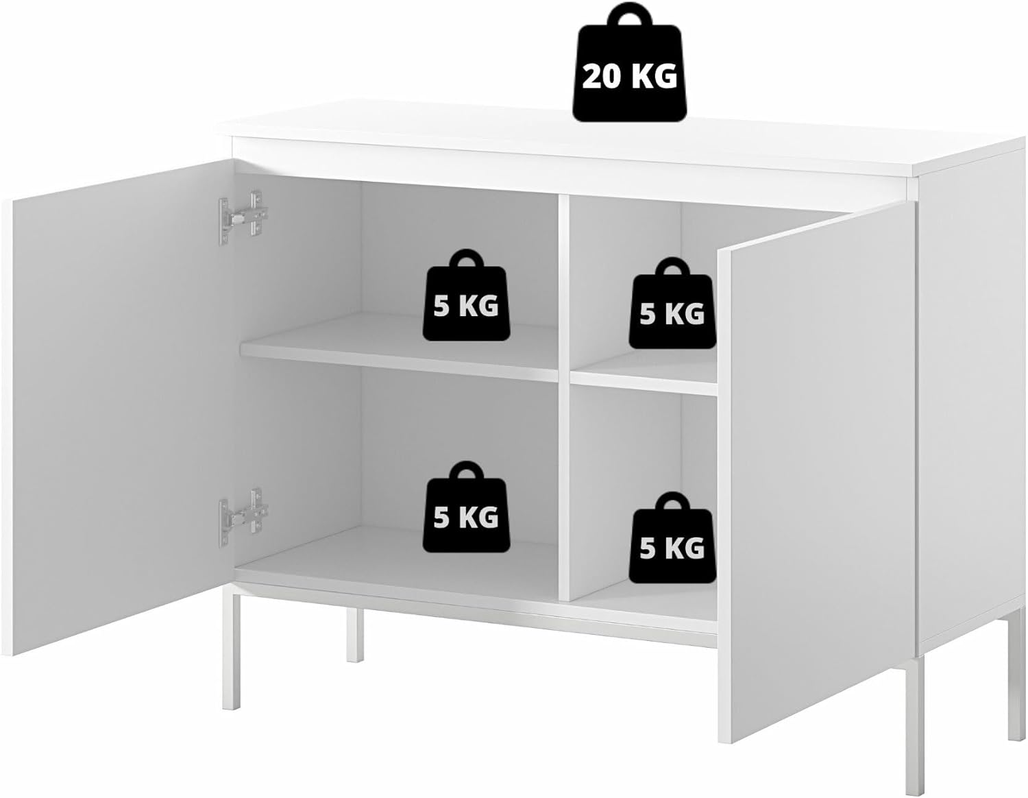 Selsey Kommode Schrank Aufbewahrungsschrank 100 cm 2 Türen 4 Fächer Weiß Schwarze Beine Bemmi
