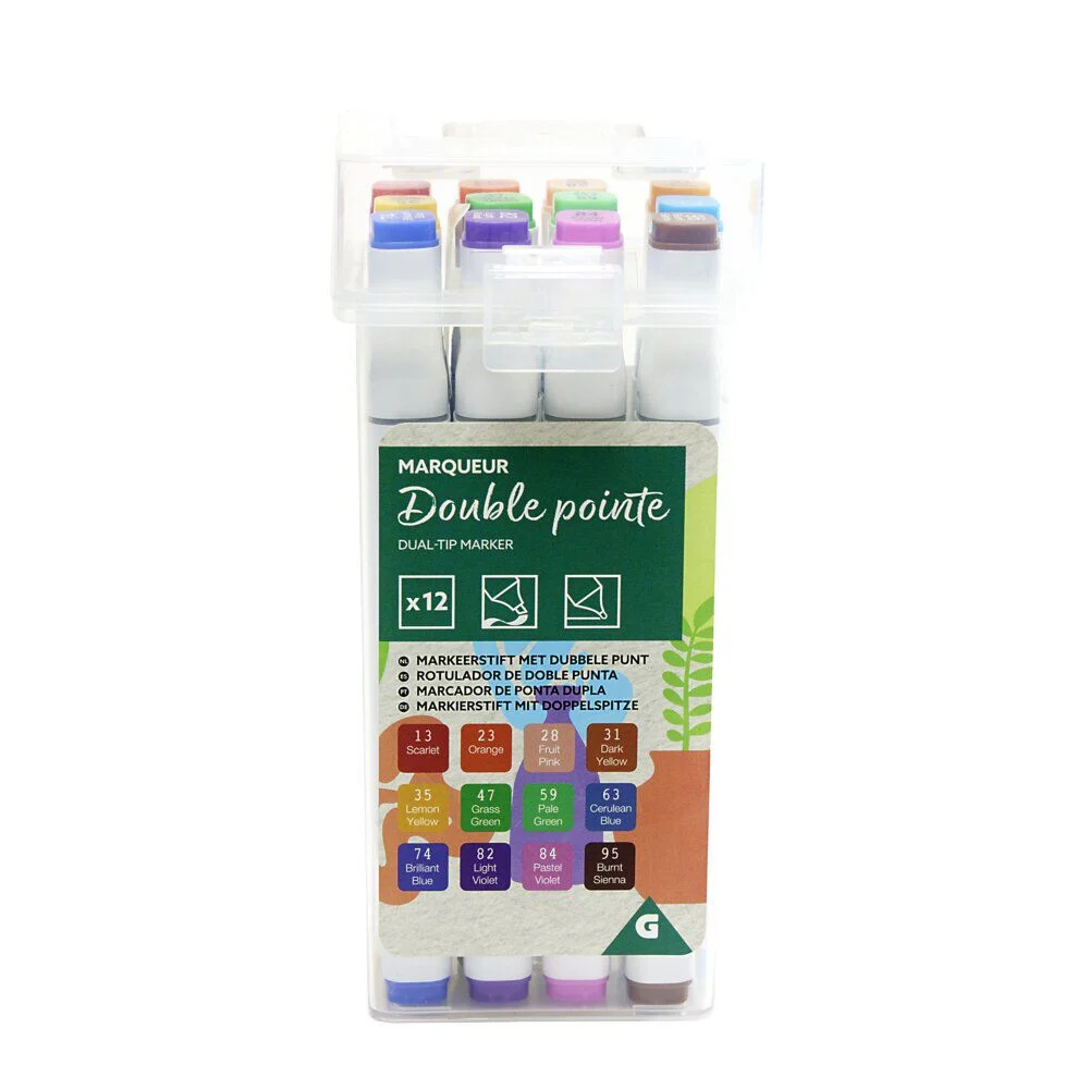 Lot de 12 marqueurs double pointe dans boite H16,3cm