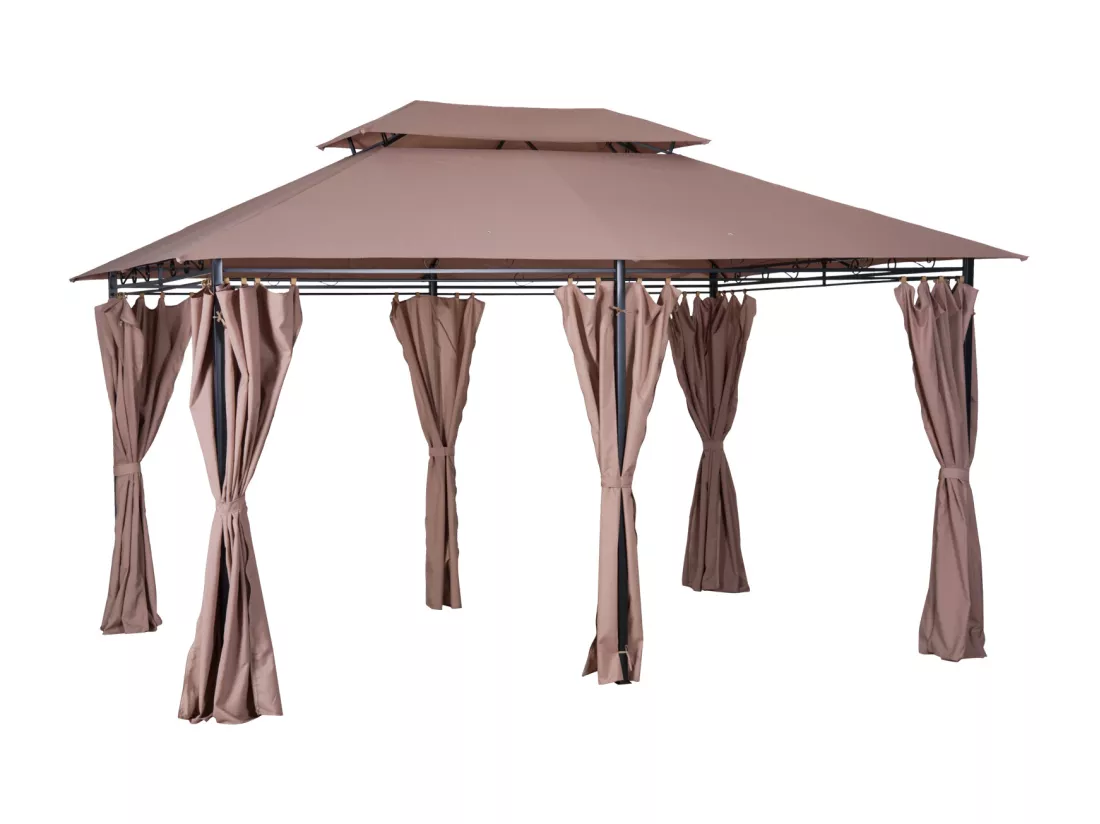 Tonnelle barnum pavillon de jardin style colonial double toit toiles latérales amovibles 3L x 4l x 2,65H m chocolat
