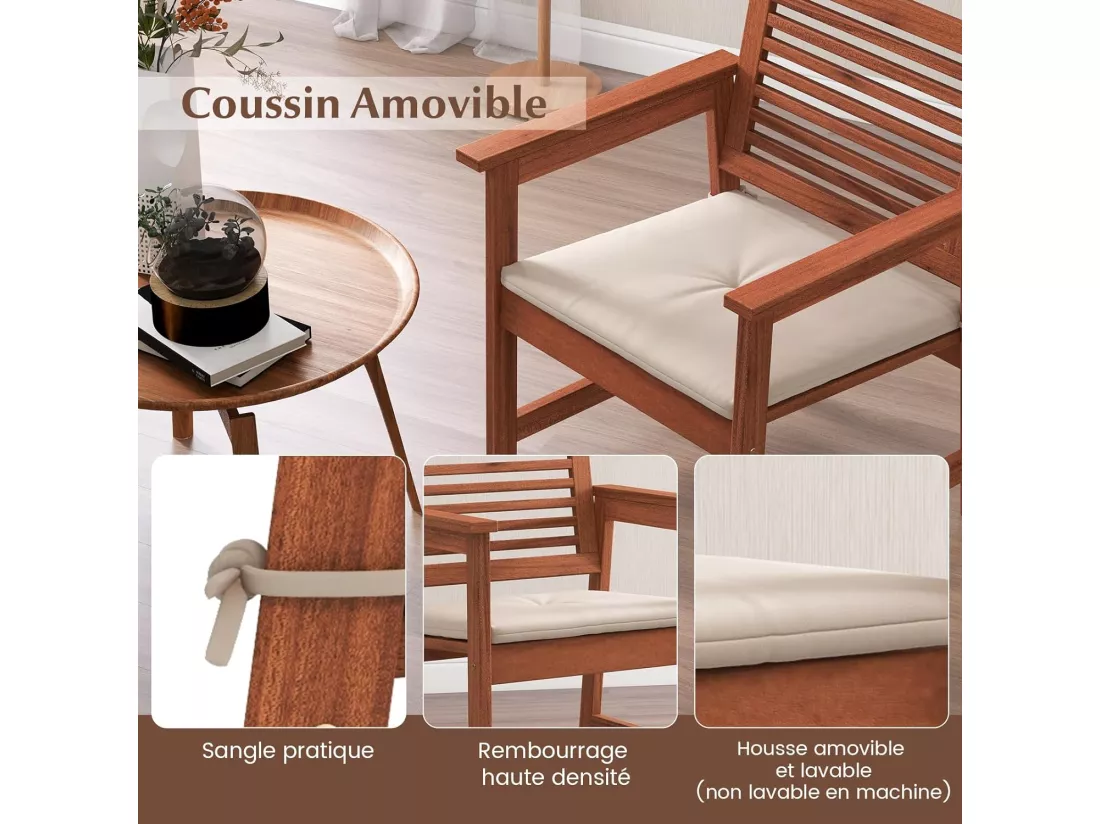 Lot de 2 Chaises de Jardin en Bois Massif avec Coussin Amovible, Fauteuil de Jardin à Lattes, Siège d’Extérieur pour Terrasse, Balcon, Porche, Bord de Piscine, Charge 120 KG