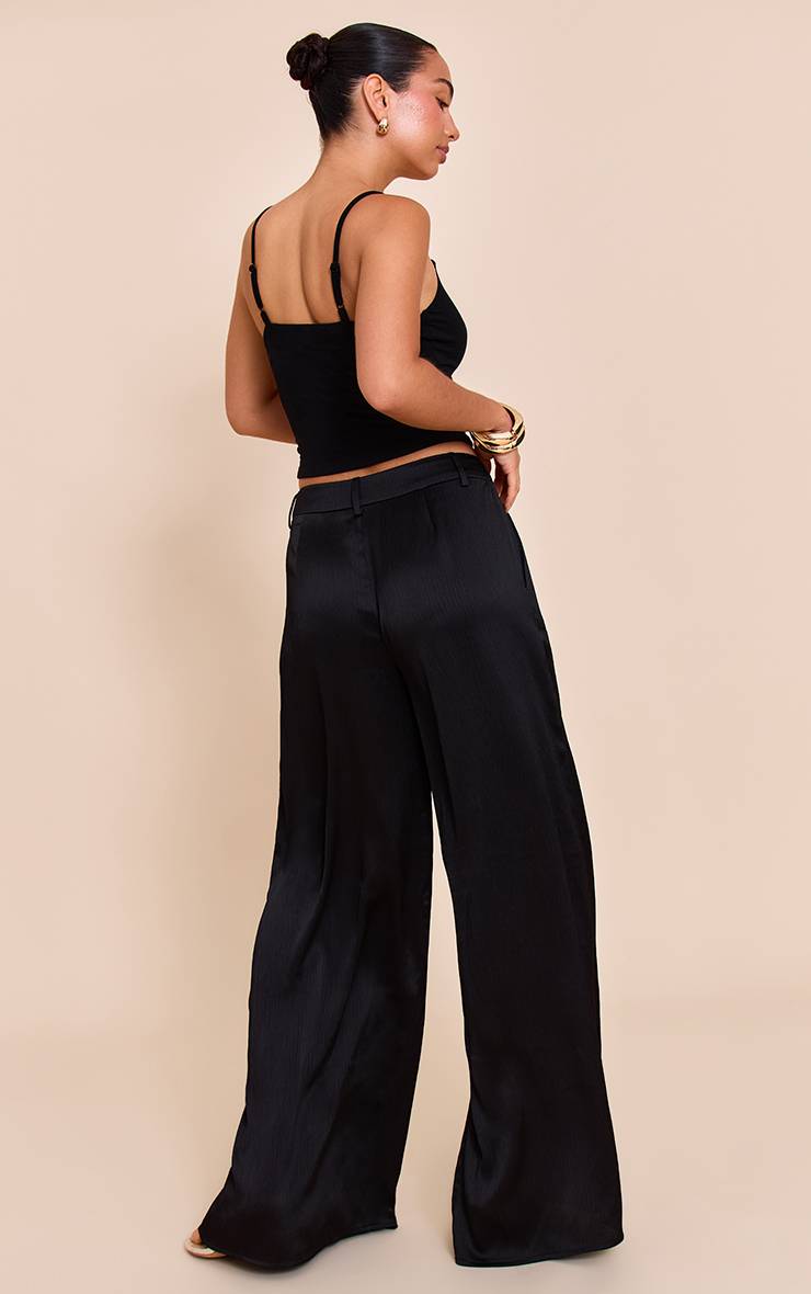 Noir Pantalon Large À Double Pli En Satin Texturé