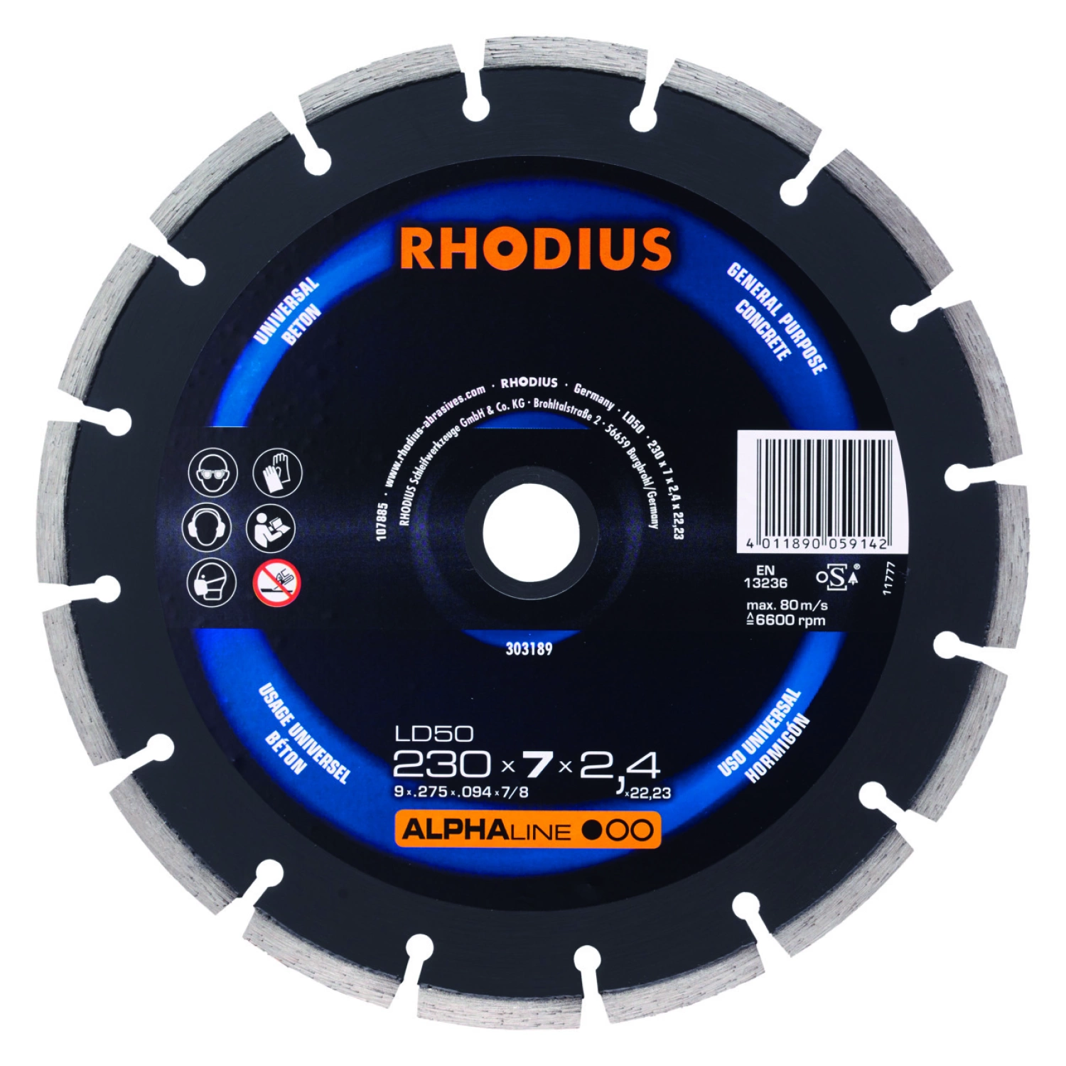 Rhodius 303189 Alphaline I LD50 Diamantdoorslijpschijf - 230 x 22,23 x 7mm - Beton/Universeel