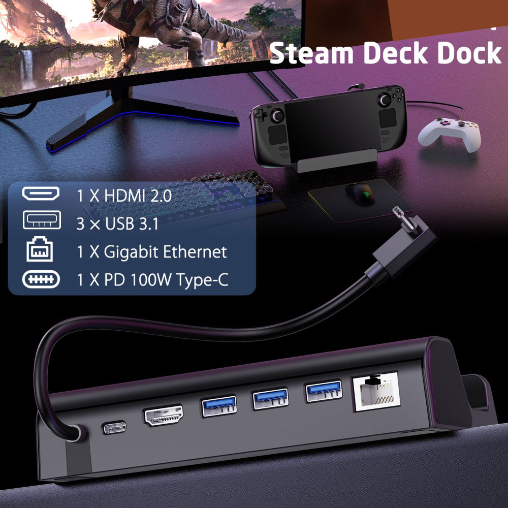 Steam Deck / OLED Dockingstation Ladegerät Charging Dock Stand mit HDMI 4K@60Hz / USB C PD 100W / LAN / 3x USB A 3.1 - Schwarz