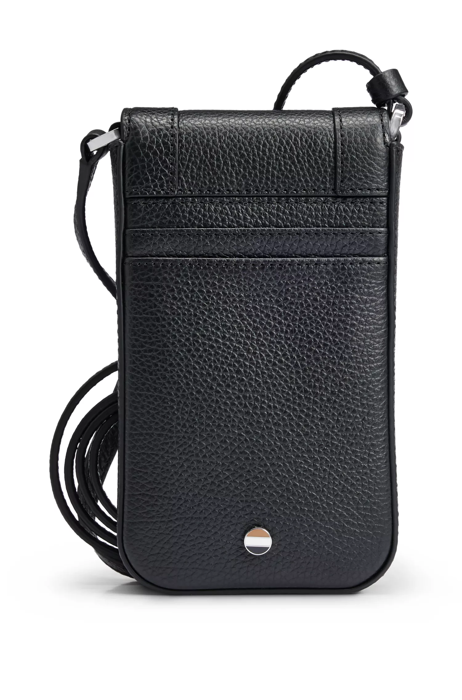 Suporte para celular BOSS em couro granulado preto com detalhes em metal.