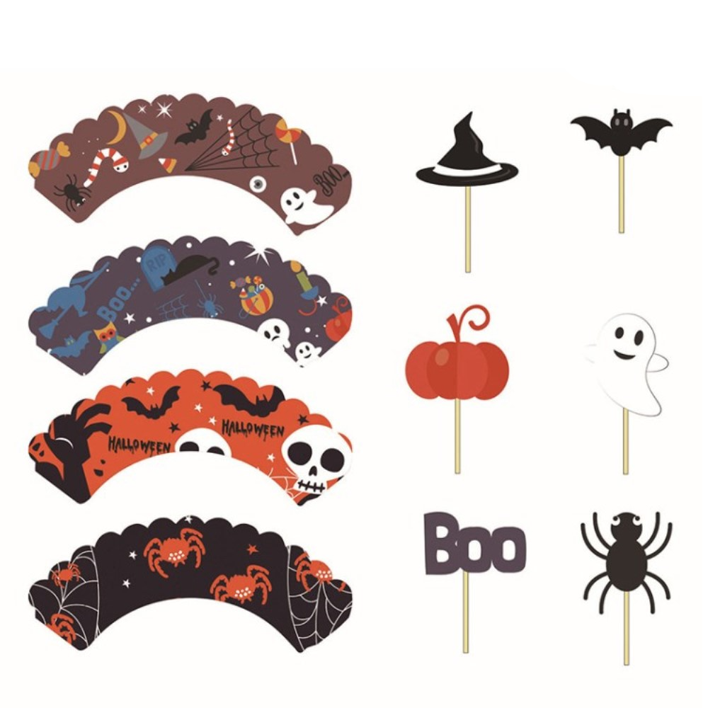 (24-tlg. Set) Halloween Kuchenstecker Grusel Tortenstecker Topper Deko   Cupcake Förmchen - Boo