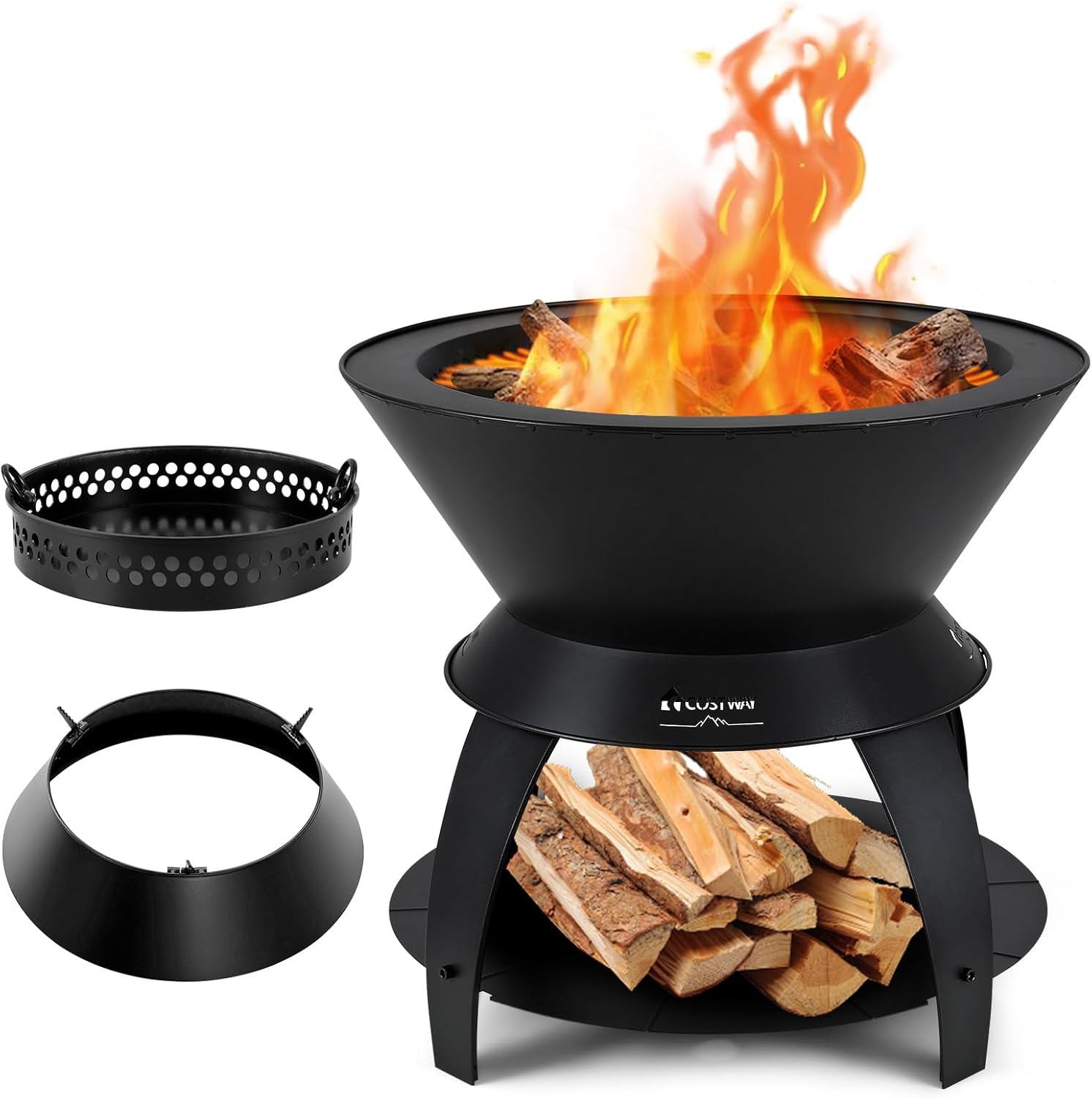 COSTWAY Feuerschale mit Topfhalter und Ablage, Feuerstelle mit rauchfreier sauerstoffangereicherter Verbrennung, Fire Pit für Camping, Garten, Terrasse