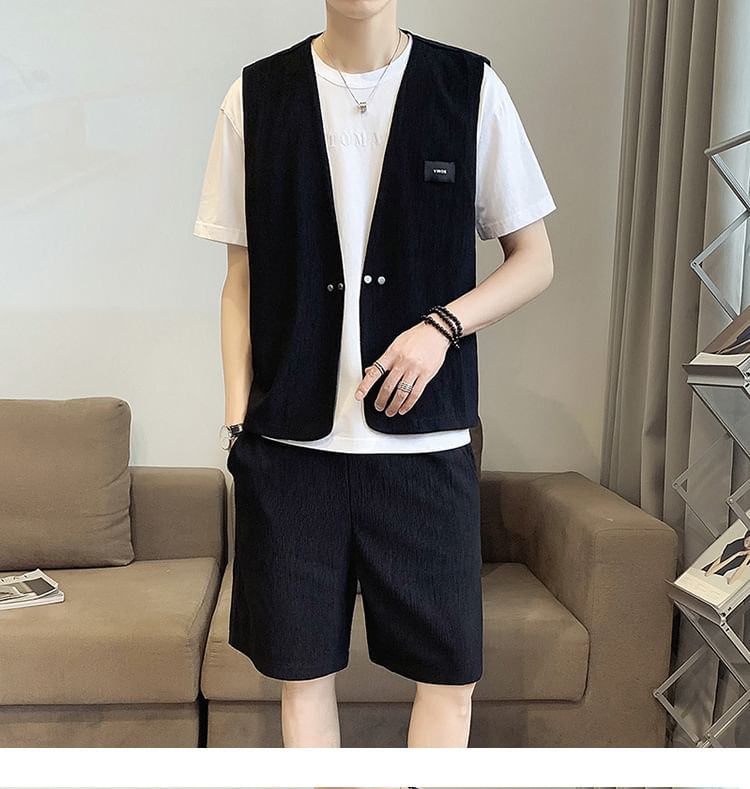Cowpow - Set: V-hals effen dubbelrijs vest + shorts met trekkoord in de taille