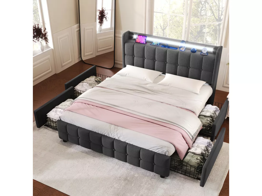 Lit 160x200cm avec tiroirs, Lit double capitonné avec rangement, éclairage LED, 2 chargeurs USB, lit adulte, sommier à lattes, gris