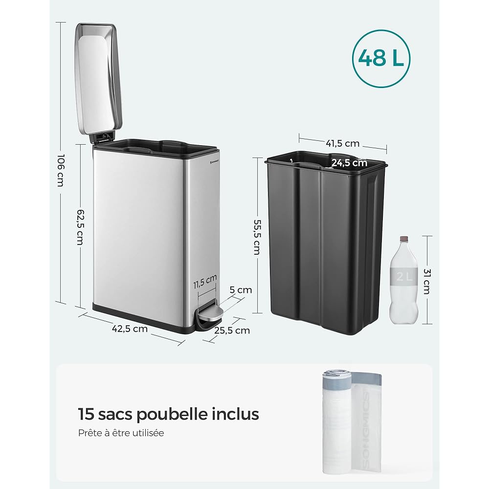 SONGMICS Poubelle de Cuisine 48L, Poubelle à Pédale, Fine, pour Petits Espaces, Couvercle à Fermeture en Douceur, avec Seau Intérieur, en Acier Inoxydable, 15 Sacs Poubelle Inclus, Argent LTB510E48 : Cuisine et Maison