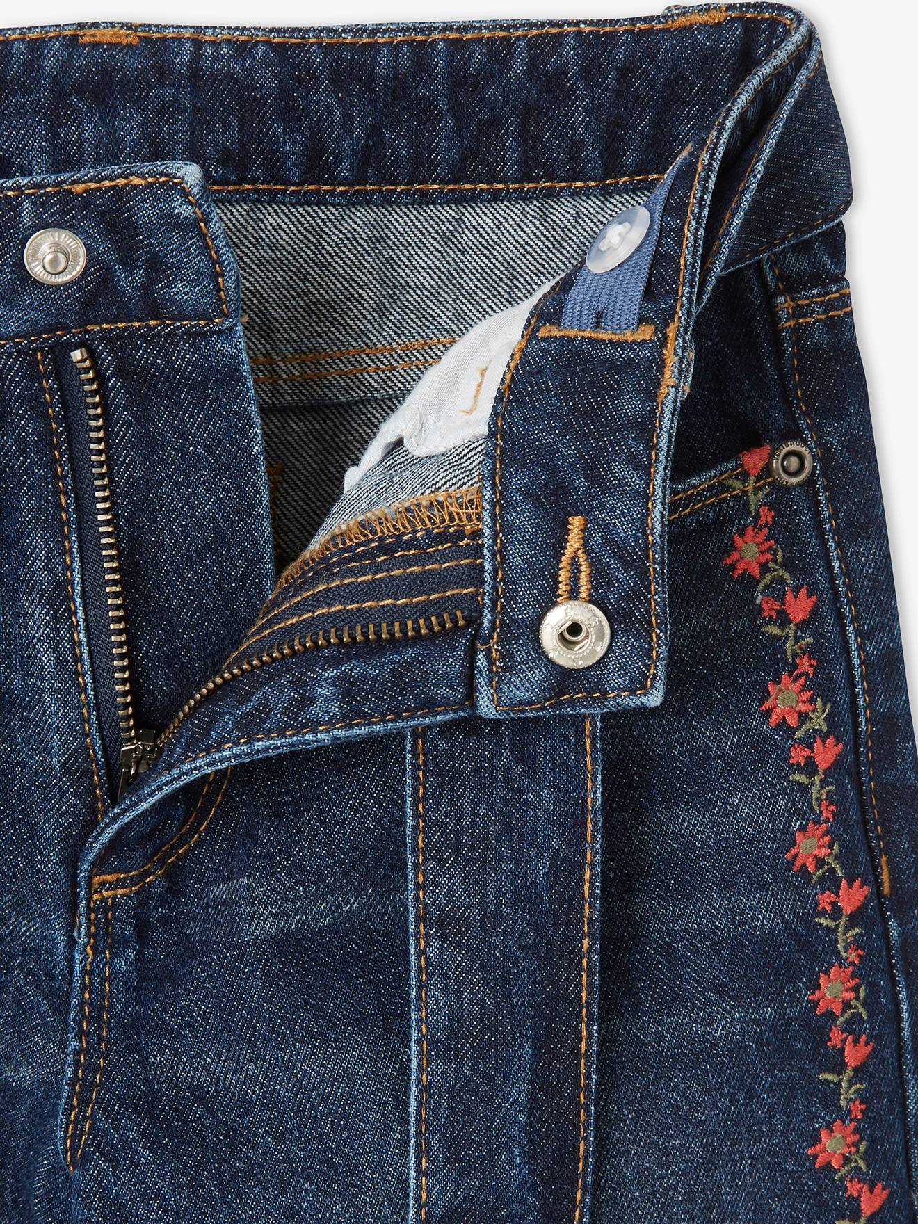 Calças de pernas largas bordadas com flores, para meninas, lisas, azul-escuras com motivos.