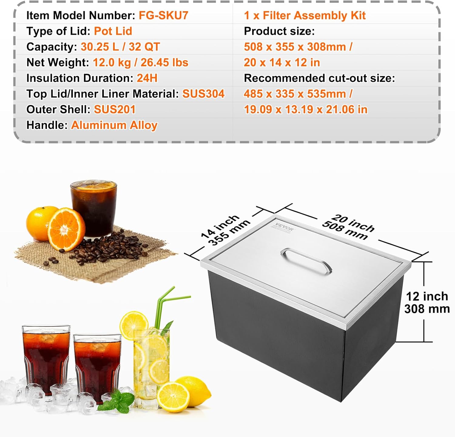 VEVOR Drop In Ice Chest, Edelstahl Eiskühler, Kommerzieller Eisbehälter mit Scharnierabdeckung, Outdoor Küche Eisbar, für Kaltes Wein Bier