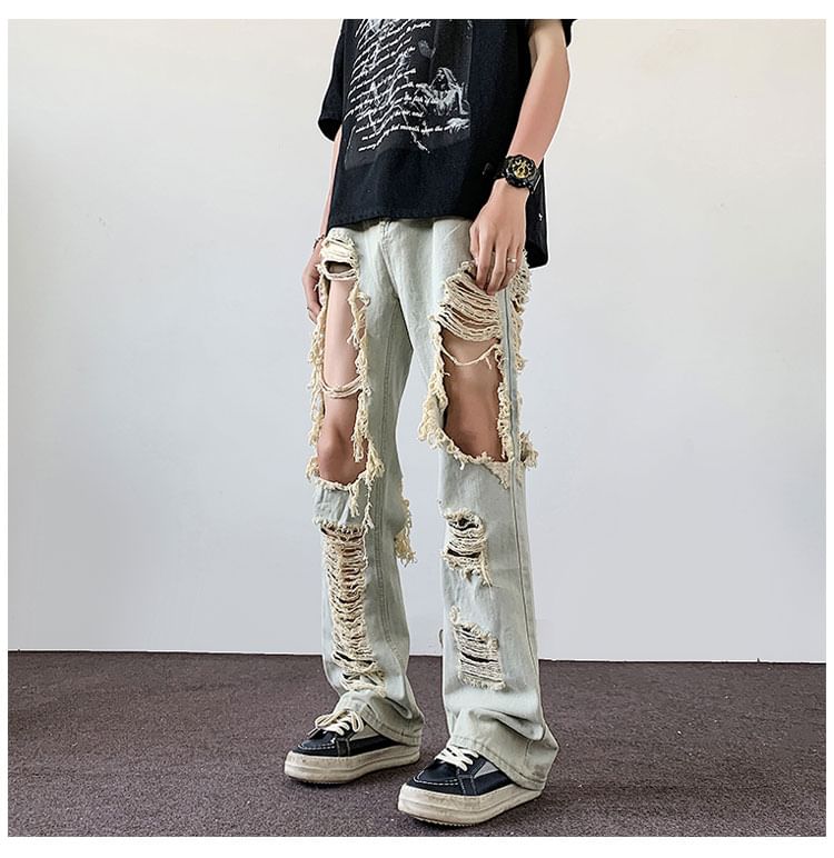Phoneus - Low Rise Cutout Washed Distressed Loose Fit Jeans