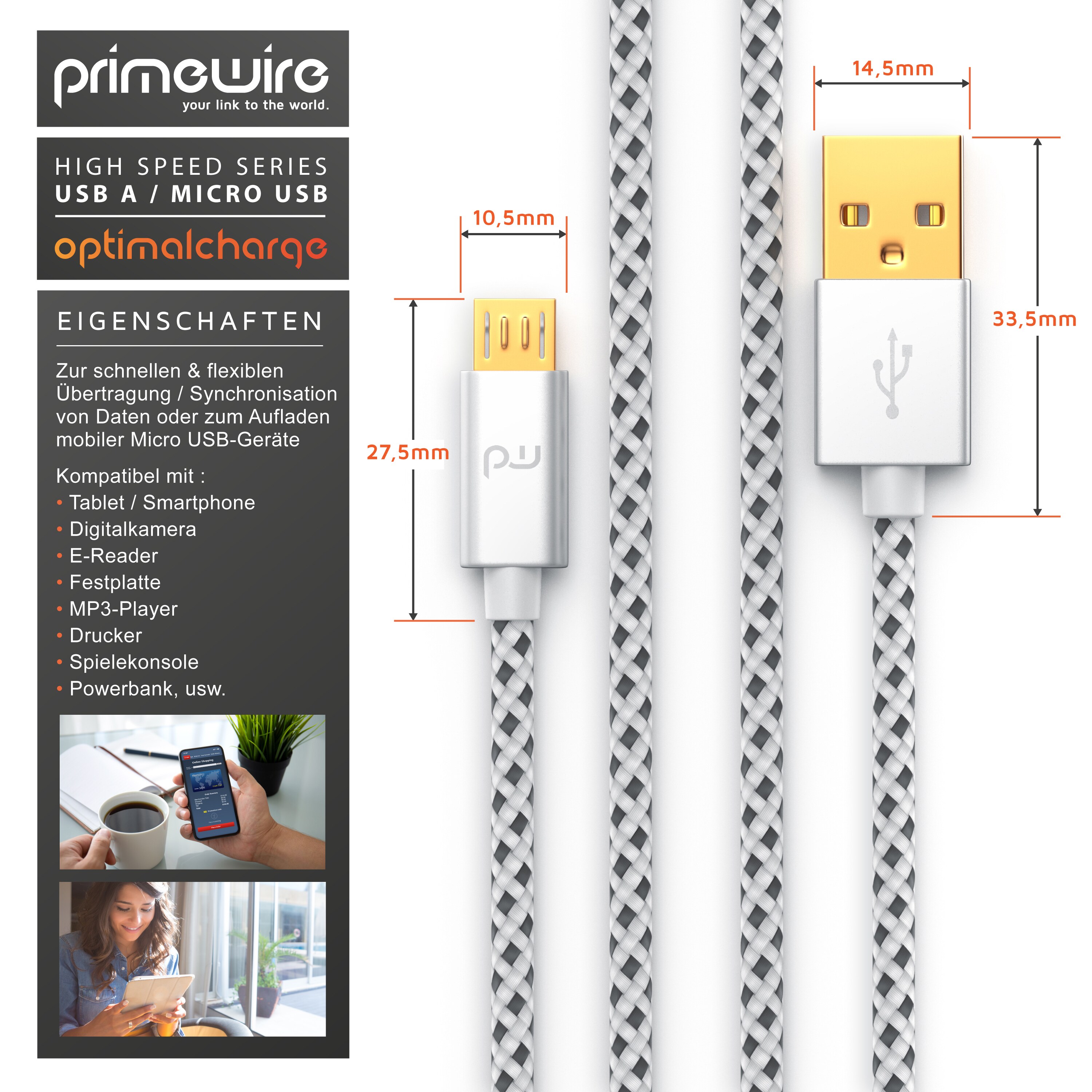 Primewire Premium Micro USB 2,4A Schnellladekabel - Nylonkabel Metallstecker - High Speed Ladekabel / Datenkabel - 5m