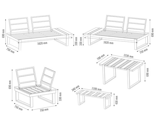 Garden Place Eila loungeset, 237 x 237 cm, 7-zits, 3-delig, inclusief tafel 120 x 70 x 69 cm in houtlook, inclusief lichtgrijze zitkussens