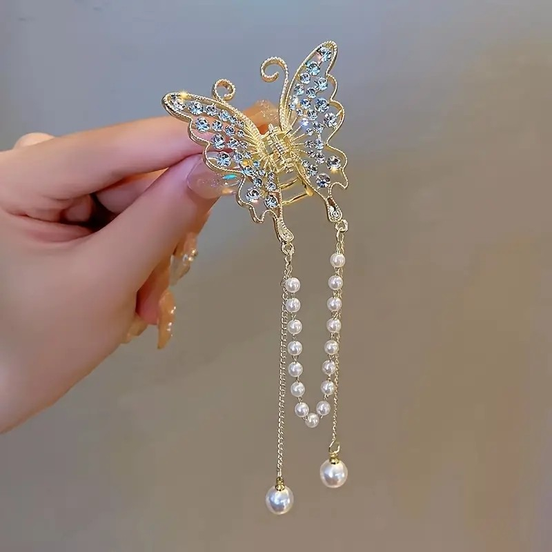 (5cm) Haarspange Klammer Strass Krallen Clip Haar Accessoire Schmetterling mit Perlen Anhänger - Gold / Weiss