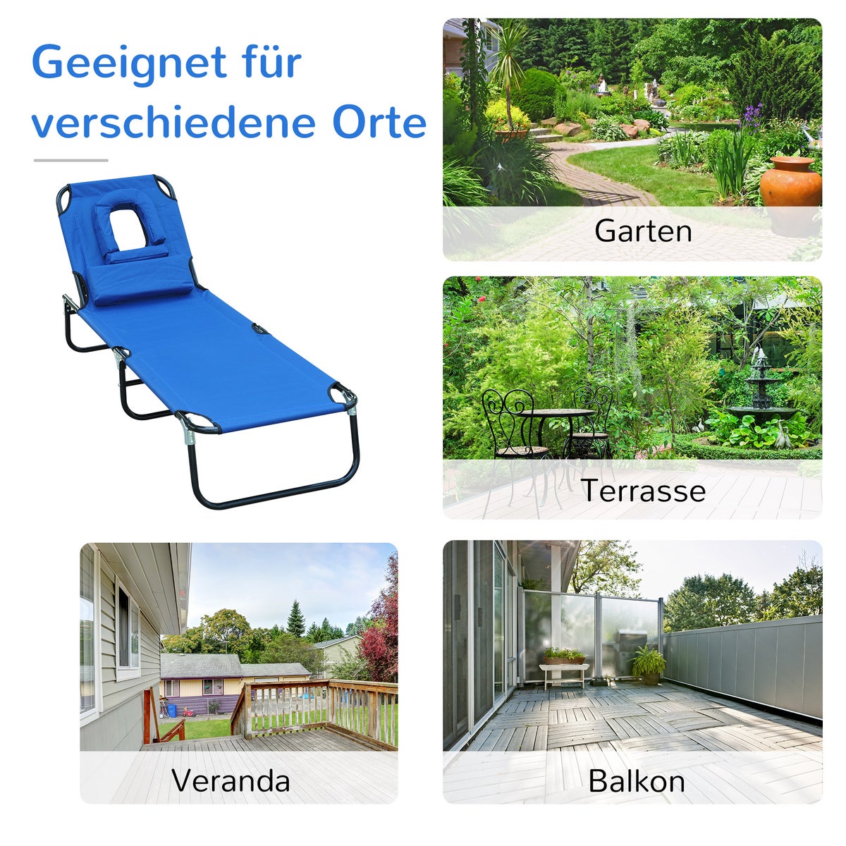 Outsunny ligstoel, tuinligstoel met leesvenster, gezichtsopening, L190 x B56 x H28 cm, Oxford stof, stalen buis, blauw