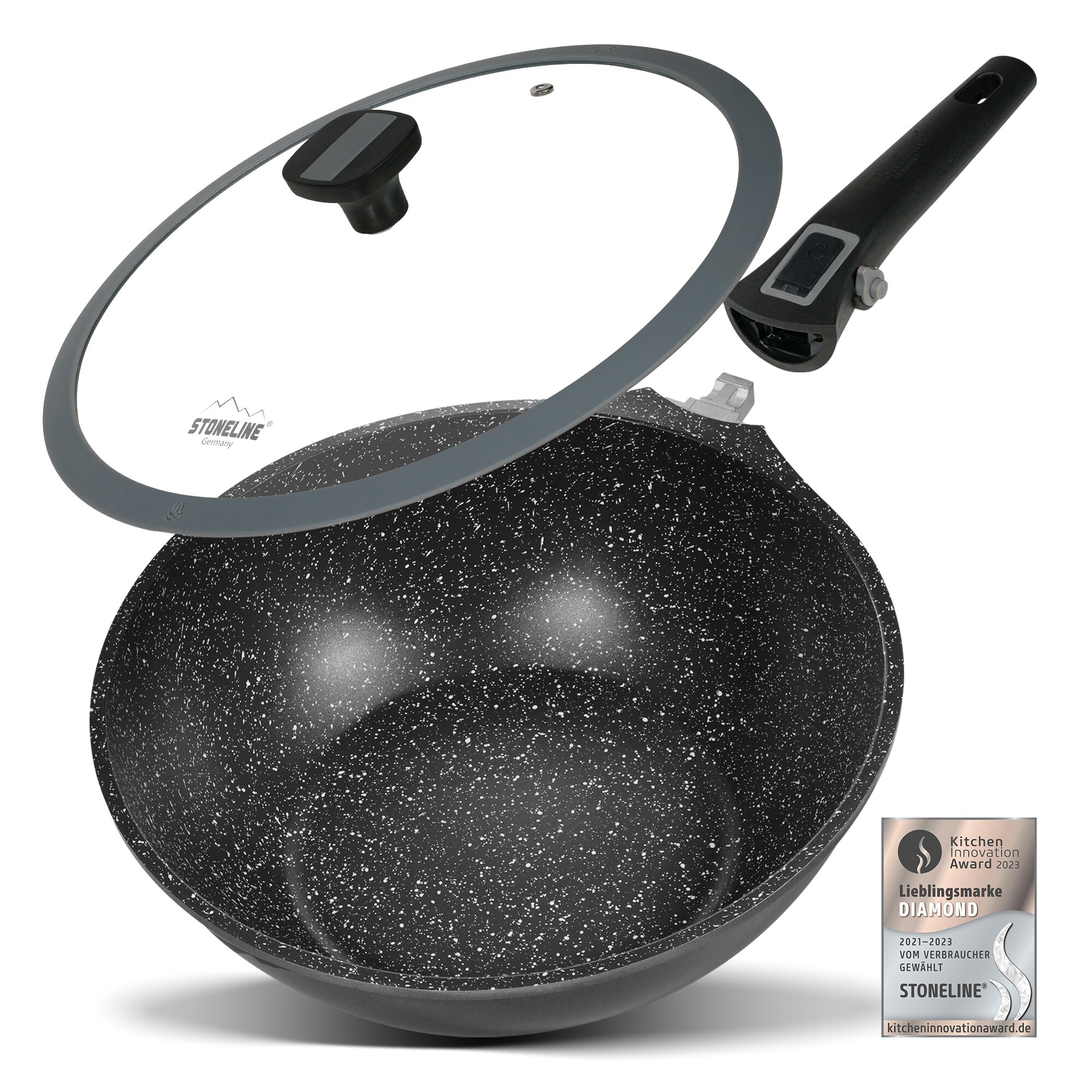 STONELINE® Imagination PLUS Wok 30 cm, mit abnehmbarem Griff, mit Glasdeckel