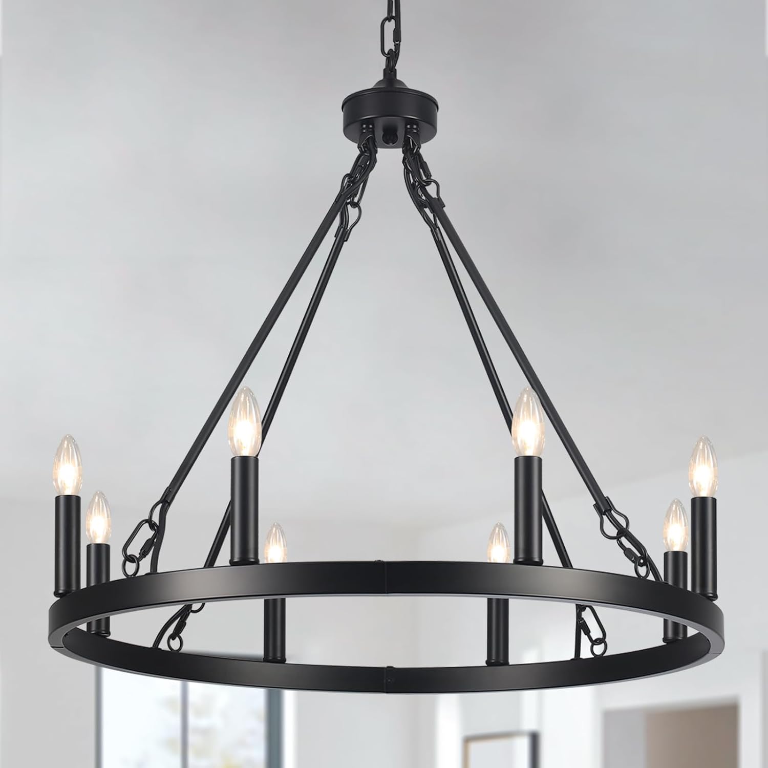 Kronleuchter Schwarz, 8 Flammig Wagenrad Kronleuchter Vintage im Landhausstil, Industrial Rustikal Hängelampe Lüster Pendelleuchte für Wohnzimmer, Esszimmer, Küche, Schlafzimmer, Flur