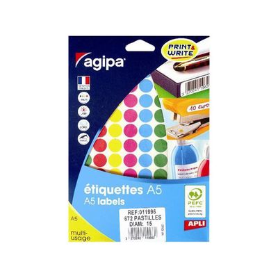 Apli Agipa - Etui A5 - 672 Pastilles adhésives - couleurs assorties multi-usages - diamètre 15 mm - réf 11996