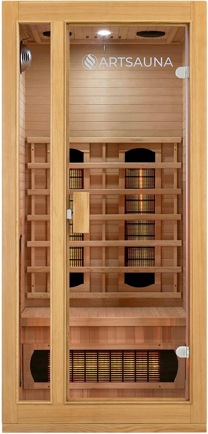 Artsauna Infrarotkabine Nyborg S90V - Infrarotsauna Vollspektrumstrahler, LED-Farblicht & große Glastür - Wärmekabine für 1 Person 90x90 cm