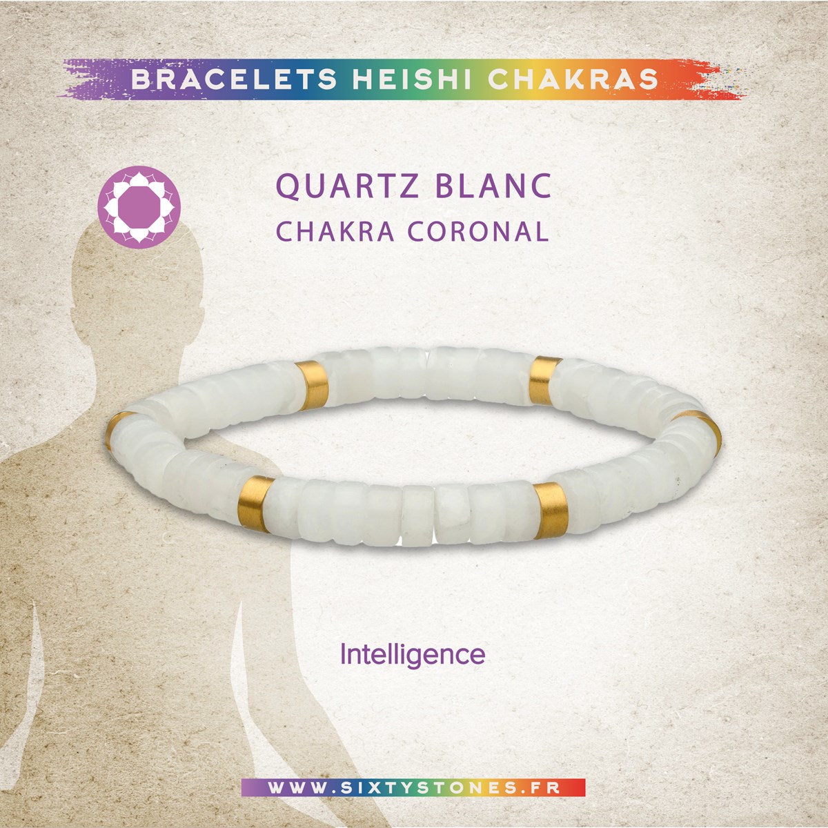 Bracelet Chakra Perles Heishi Quartz Blanc-XS-14cm