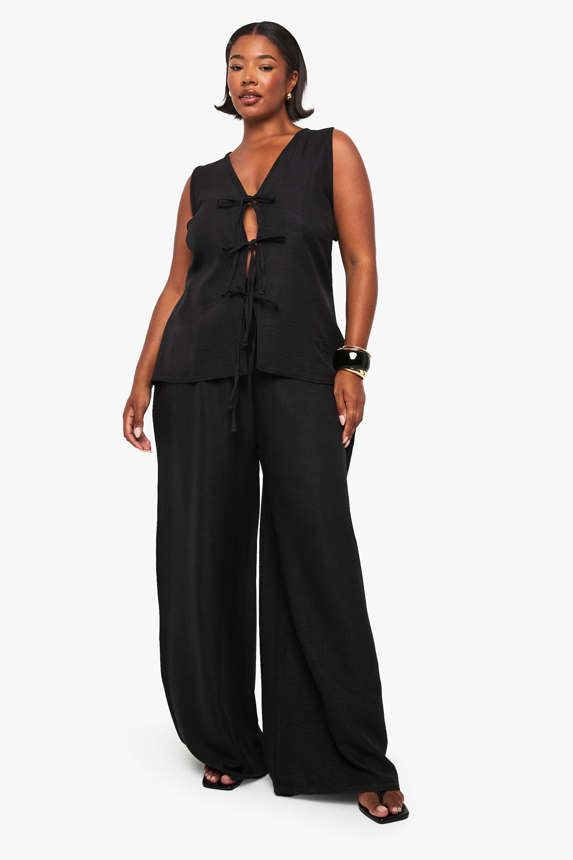 boohoo Ensemble coordonné look lin, haut à nouer à l'avant et pantalon à jambes larges