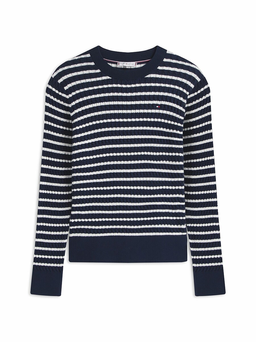 TOMMY HILFIGER<br>Suéter listrado de gola redonda em tricô trançado
