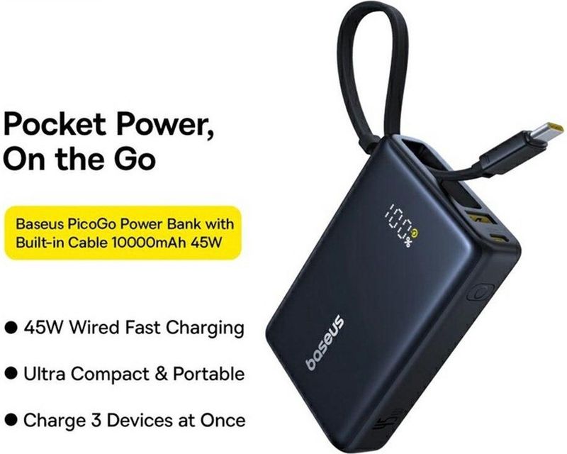 Baseus PicoGo power bank - with built-in USB-C cable - 2 x USB-C USB - 45 Watt Powerbank - 10000 mAh