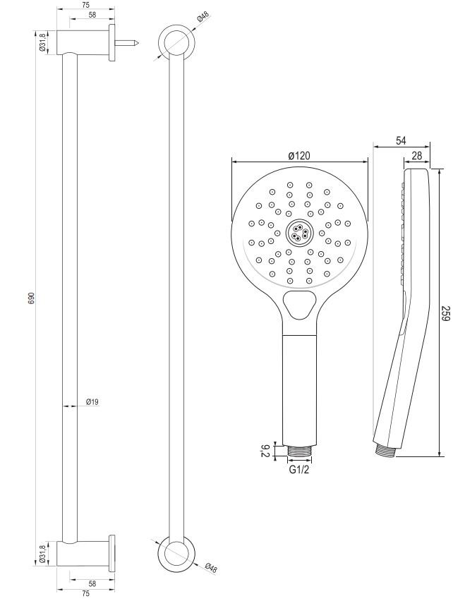 Brauer Copper Carving thermostatische badkraan met glijstang en 3 standen handdouche geborsteld koper PVD
