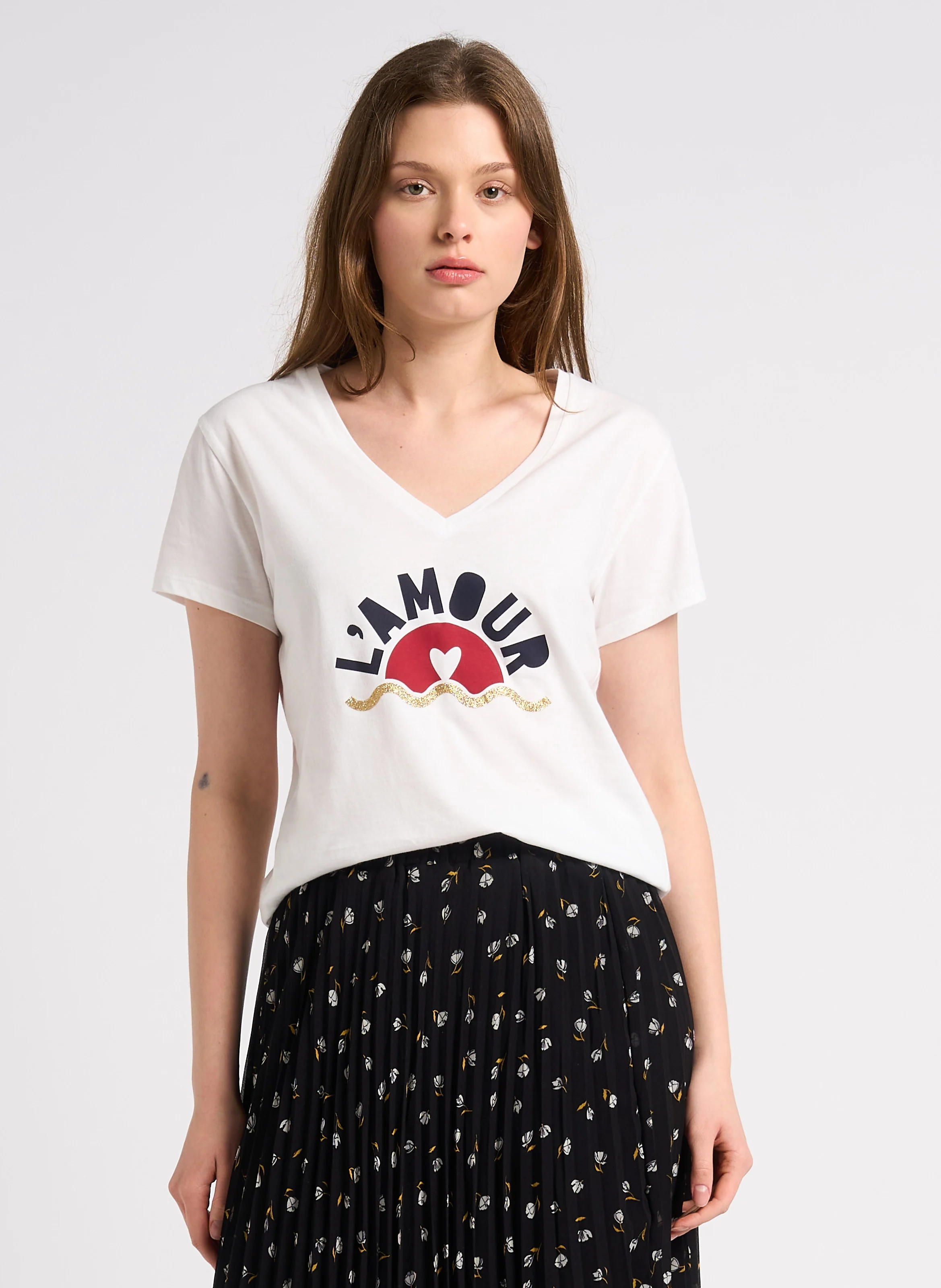 Tee-shirt col V sérigraphié en coton | Blanc