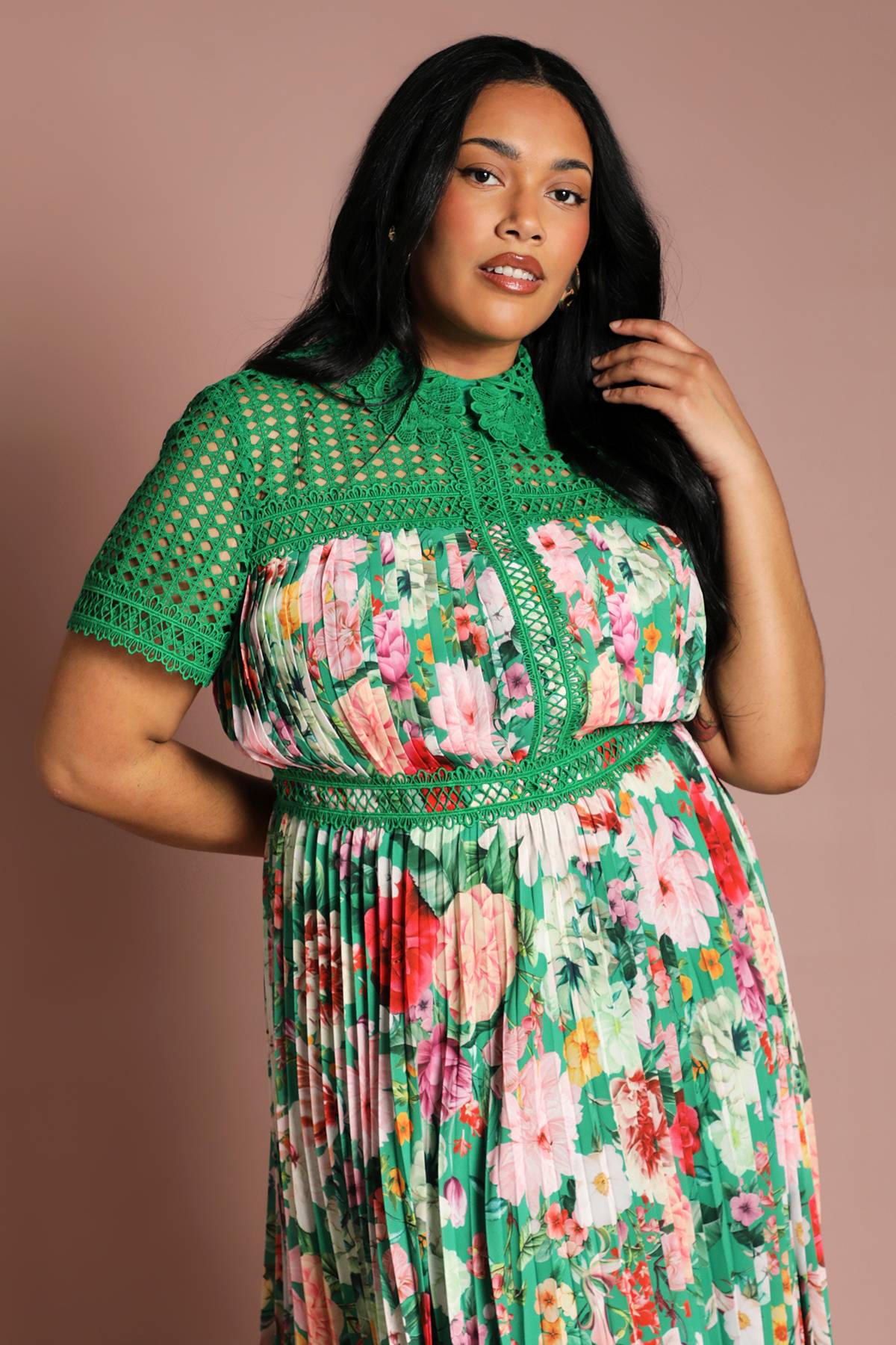 Coast Robe Midi Grande Taille À Dentelle Plissée Et Imprimé Placé