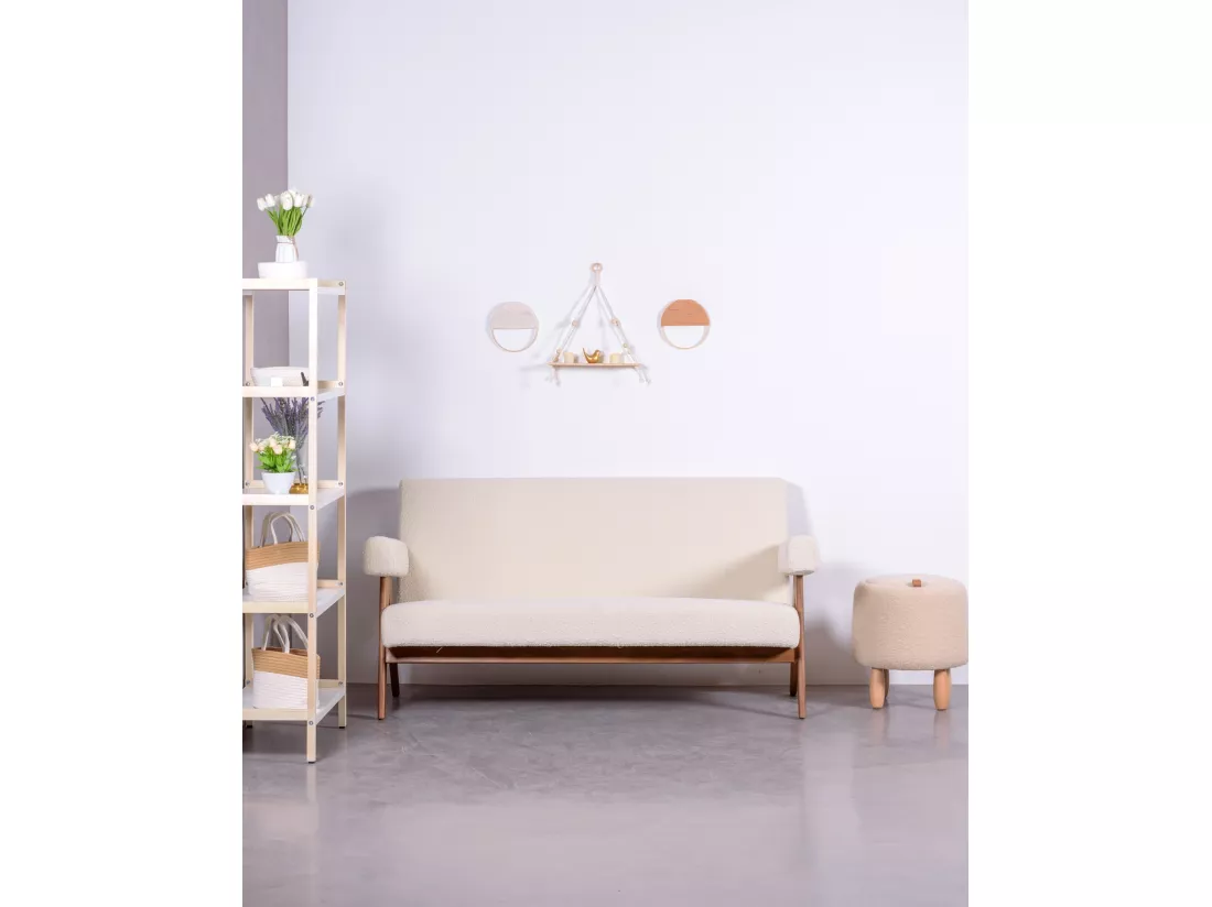 Canapé vintage en bois de teck et revêtement en boucle - Daneu - Blanc
