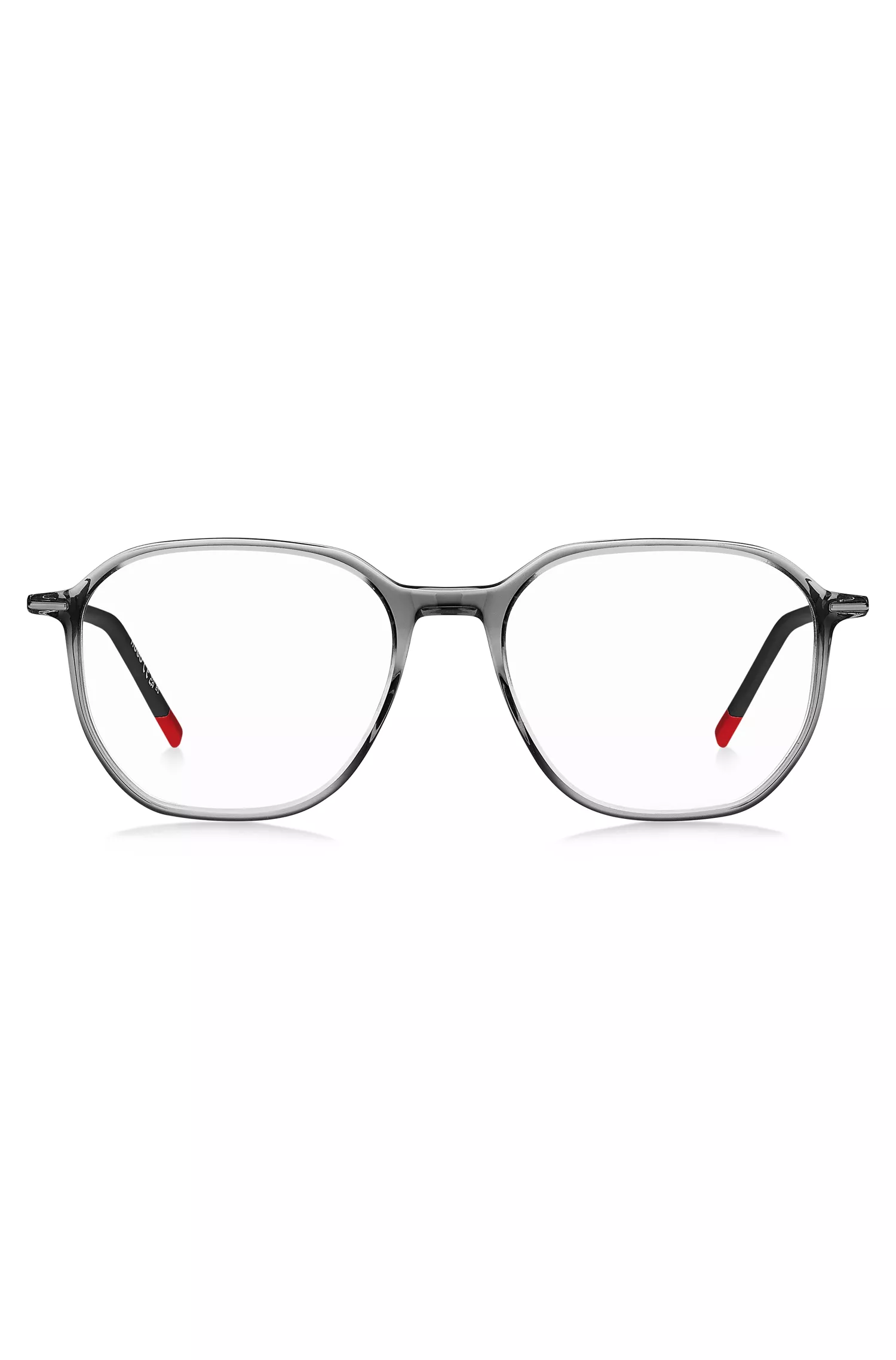 Armação de óculos HUGO em acetato vermelho transparente com hastes personalizadas.