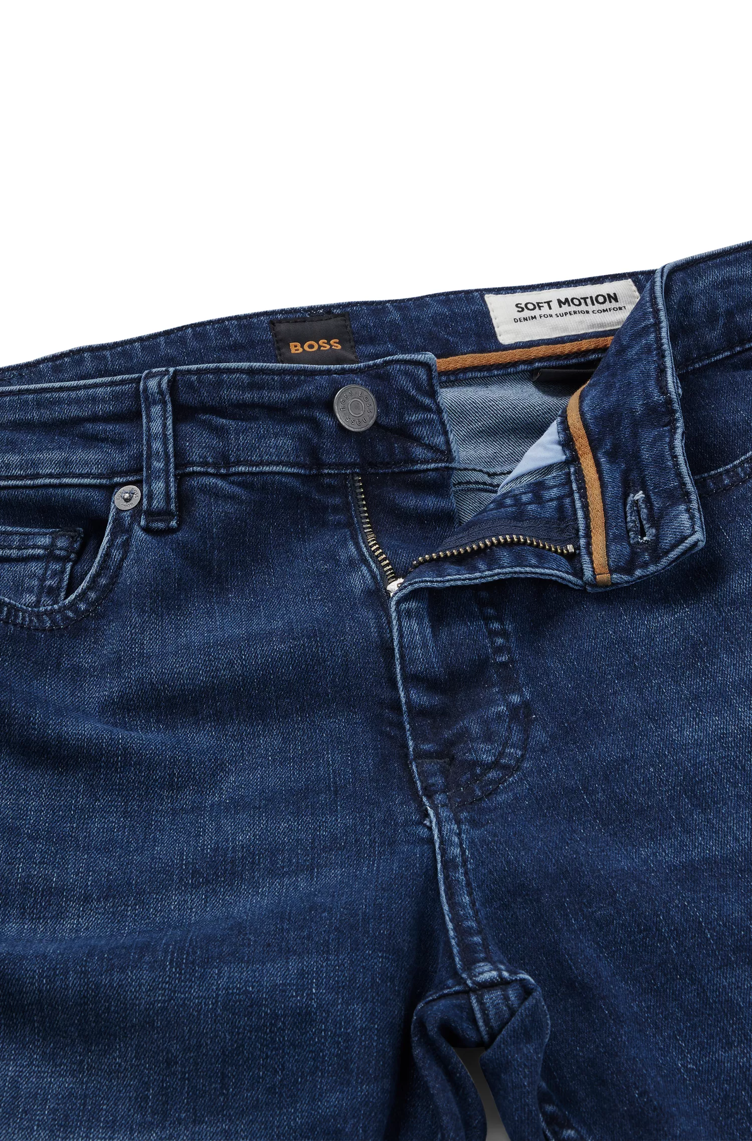 Calça jeans BOSS laranja, corte slim, em denim super elástico azul.