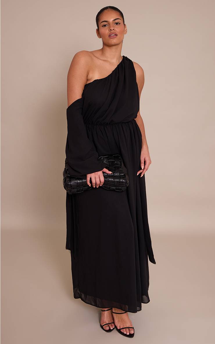 Noir Robe Maxi Grande Taille En Mousseline Drapée À Manches Longues