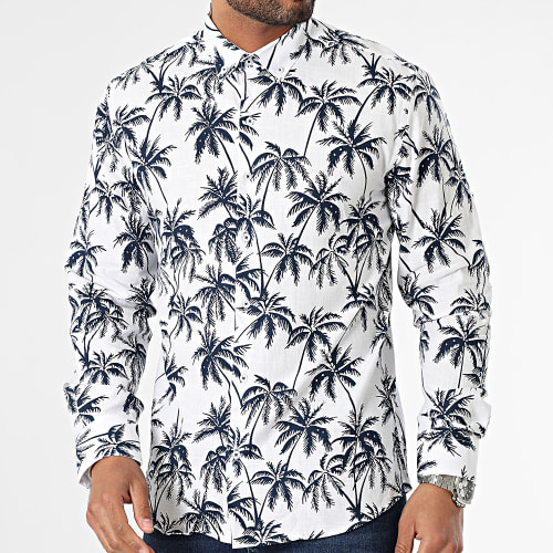 Chemise Manches Longues Floral Blanc Bleu Marine
