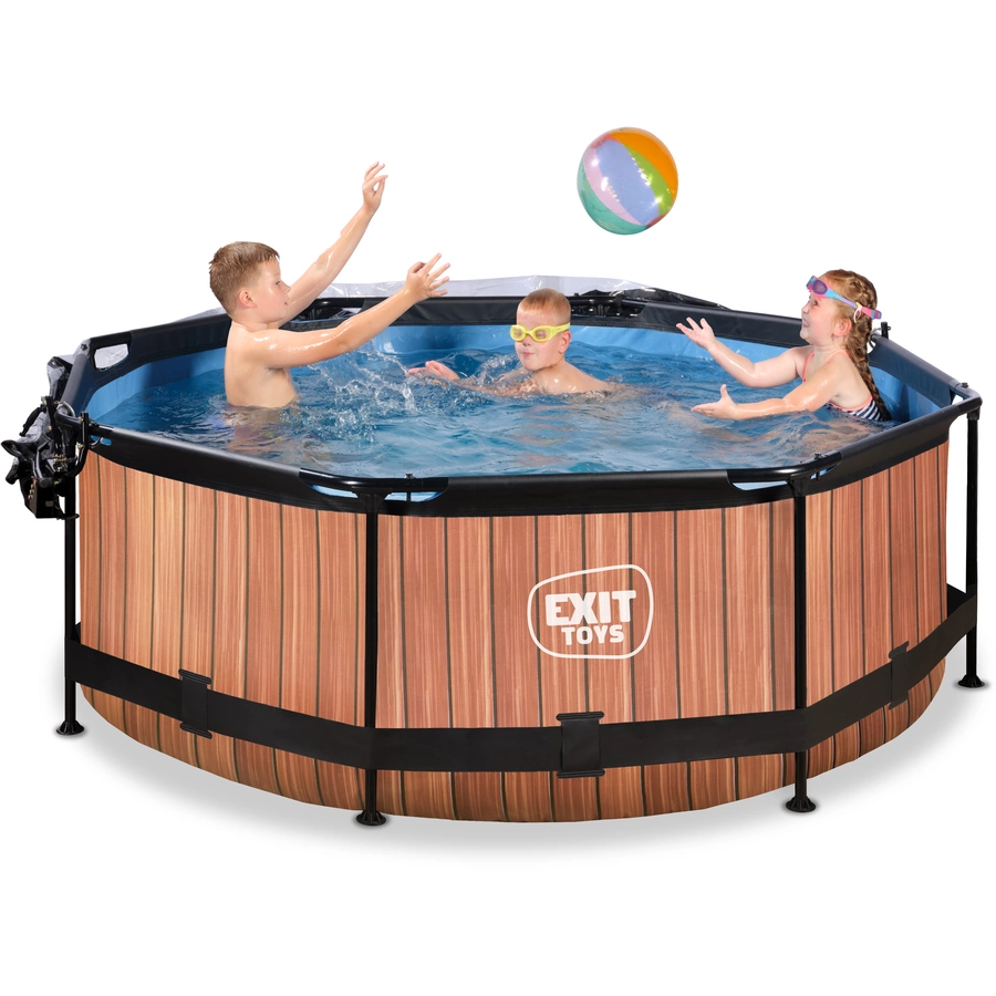 EXIT Frame Pool ø244x76cm (12v Kartusche Filterpumpe) – Holzoptik & Sonnendach
