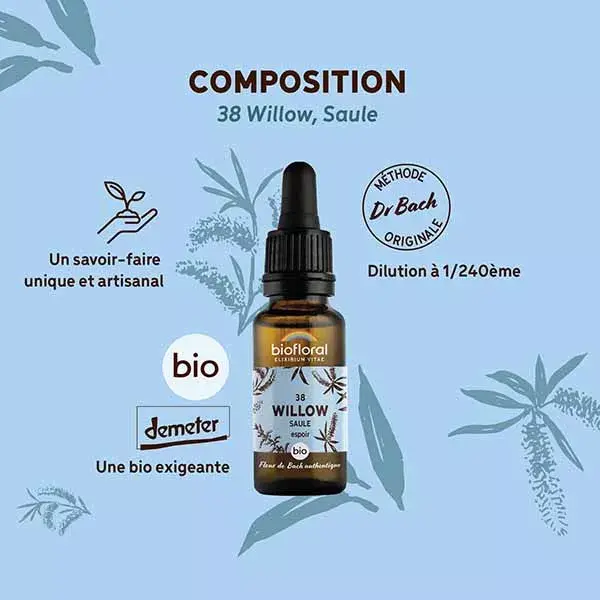 Florais de Bach Biofloral 38 Willow Willow Dropper Orgânico Demeter 20 ml