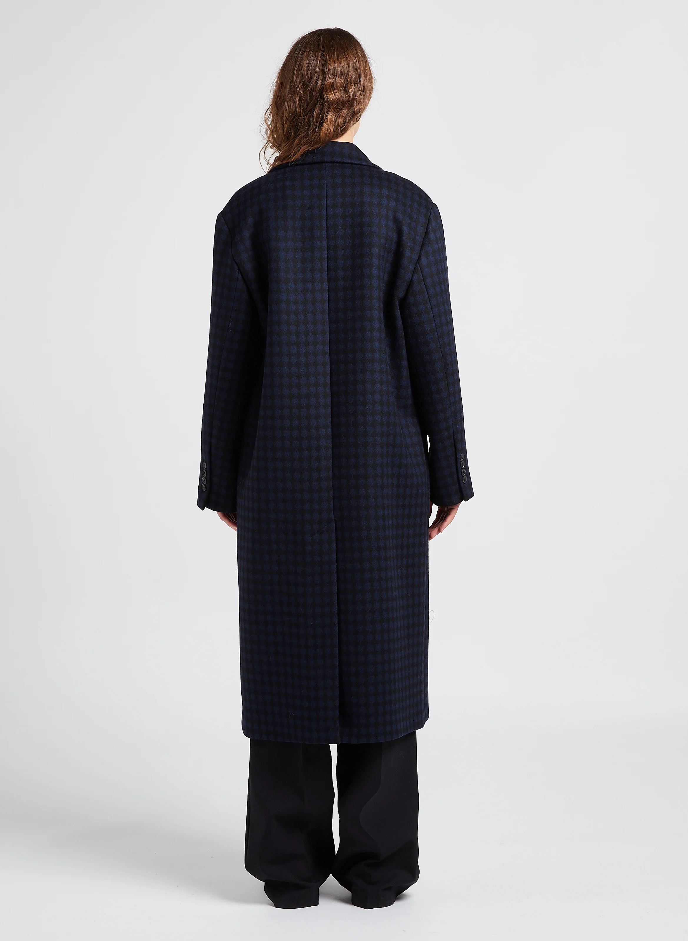 BERRY - Manteau long col tailleur à pois en laine mélangée | Bleu