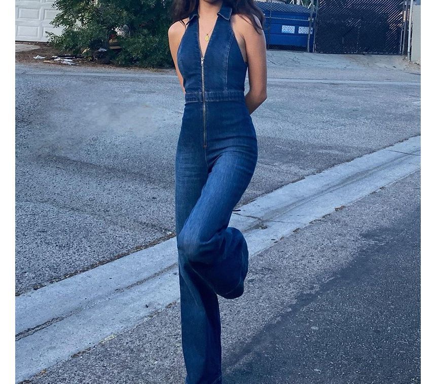 Sheparon - Mouwloze denim jumpsuit met wijde pijpen