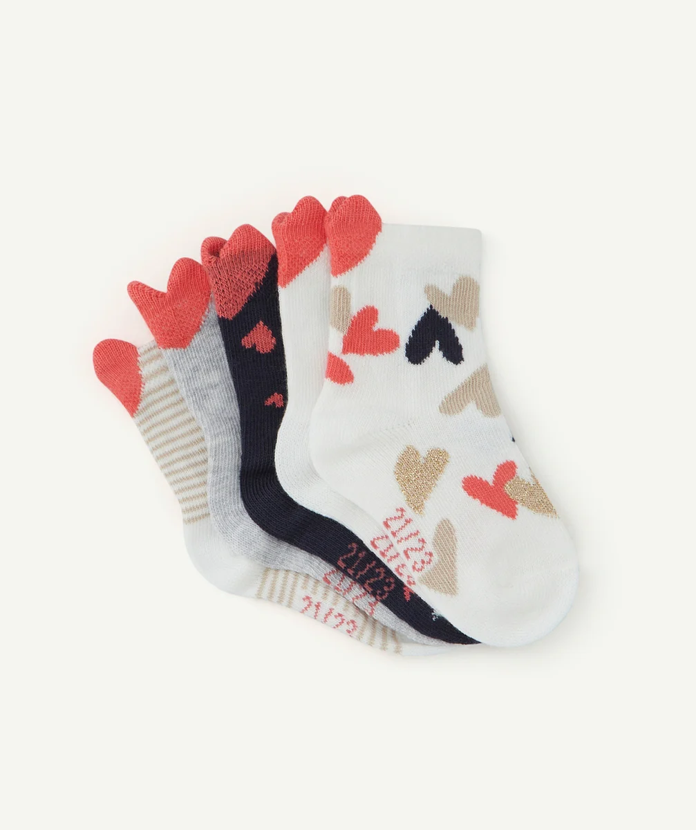 LOT DE 5 CHAUSSETTES HAUTES BÉBÉ FILLE AVEC COEURS ROSES