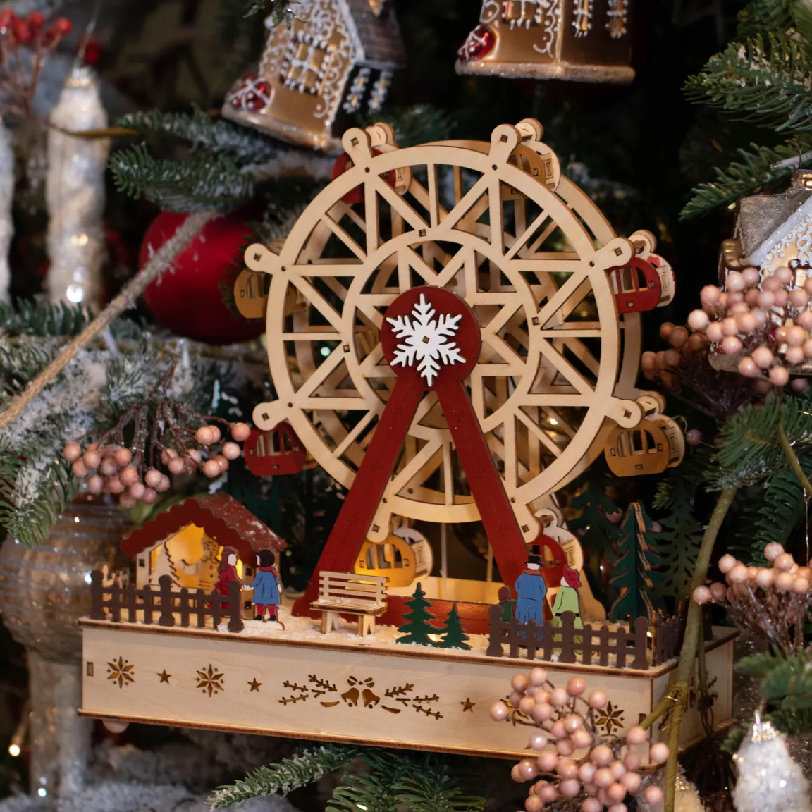 Village de Noël en bois lumineux et musical à piles (28 x H28 cm) Grande roue Colorée