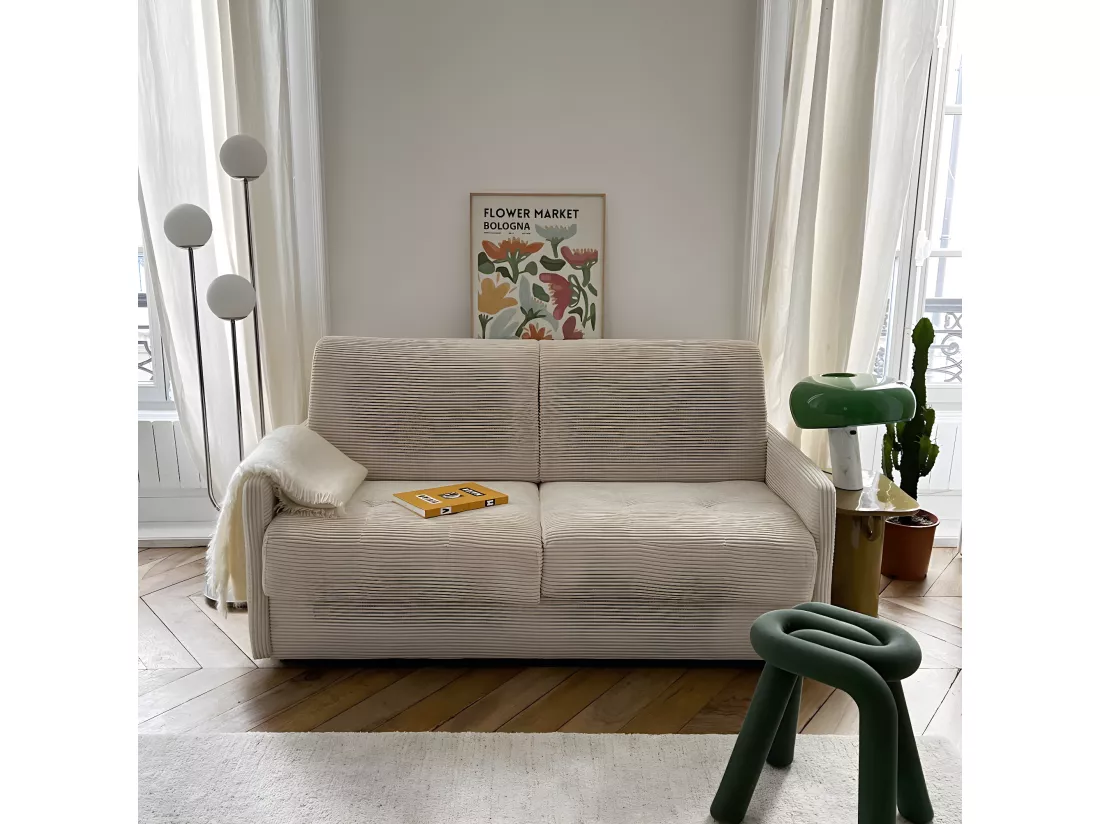 Canapé convertible 3 places en velours côtelé beige - Ouverture express - Couchage quotidien - Matelas HD 140 x 190 - Sienne