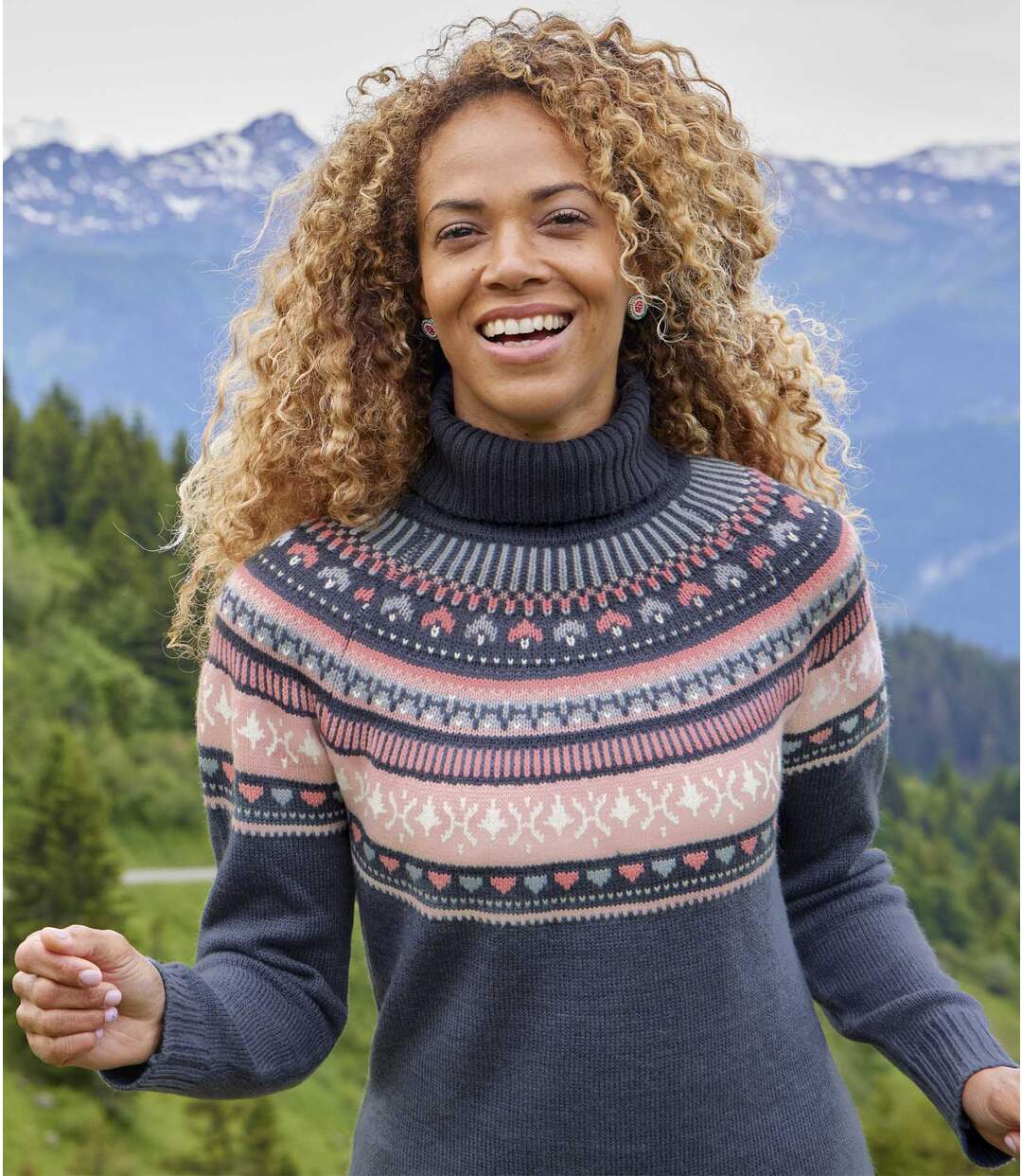 Pull Tricot Col Roulé Motifs Jacquard