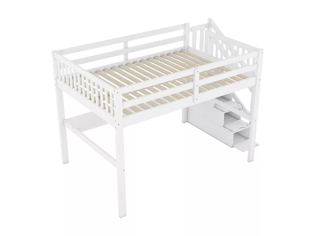 Lit mezzanine enfant 140 x 200 cm avec 4 tiroirs de rangement et bureau, Bois en pin, Blanc